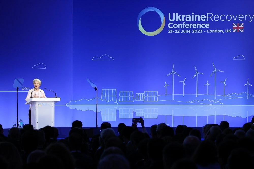 European Commission President Ursula von der Leyen announcing the Ukraine Facility at the Ukraine Recovery Conference in London on June 21, 2023.