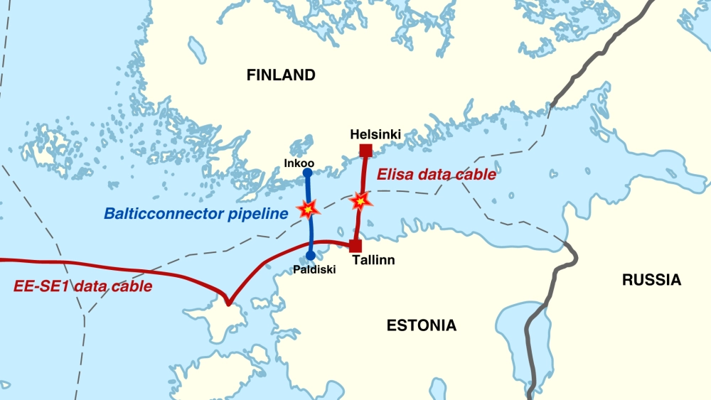 Location of the Balticconnector pipeline and the two data cables which were damaged on October 8, 2023. 