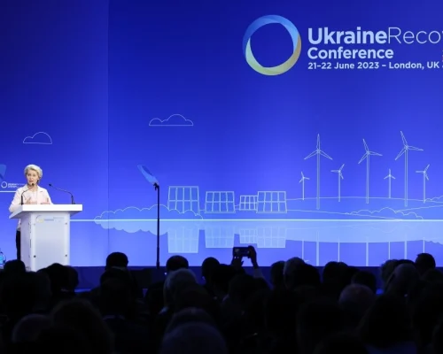 European Commission President Ursula von der Leyen announcing the Ukraine Facility at the Ukraine Recovery Conference in London on June 21, 2023.